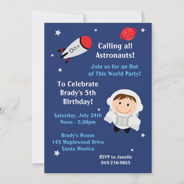 Invitation de fête d'anniversaire d'astronaute (Devant)