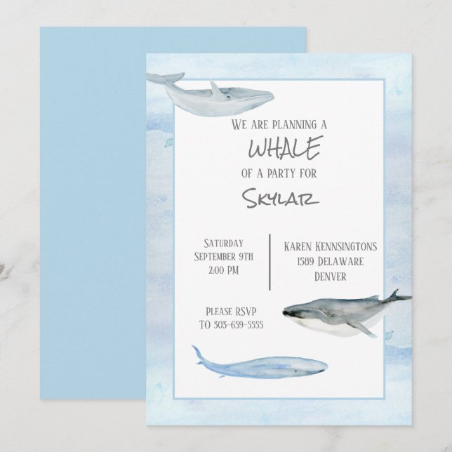 Invitation de fête d'anniversaire de baleines (Devant / Derrière)