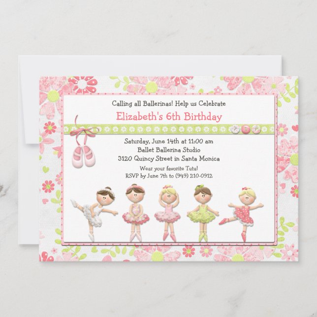 Invitation de fête d'anniversaire de ballerine (Devant)