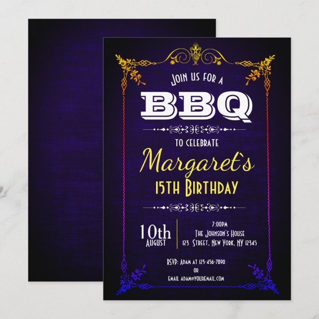 Invitation de fête d'anniversaire de BBQ de bleu (Devant / Derrière)