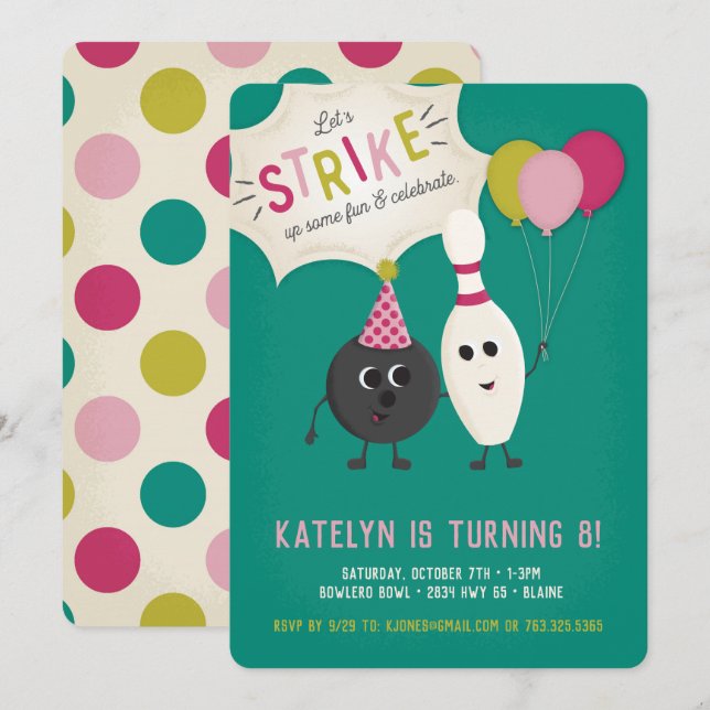 Invitation de fête d'anniversaire de bowling - (Devant / Derrière)