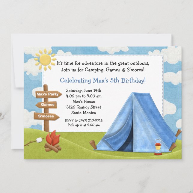 Invitation de fête d'anniversaire de camping (Devant)