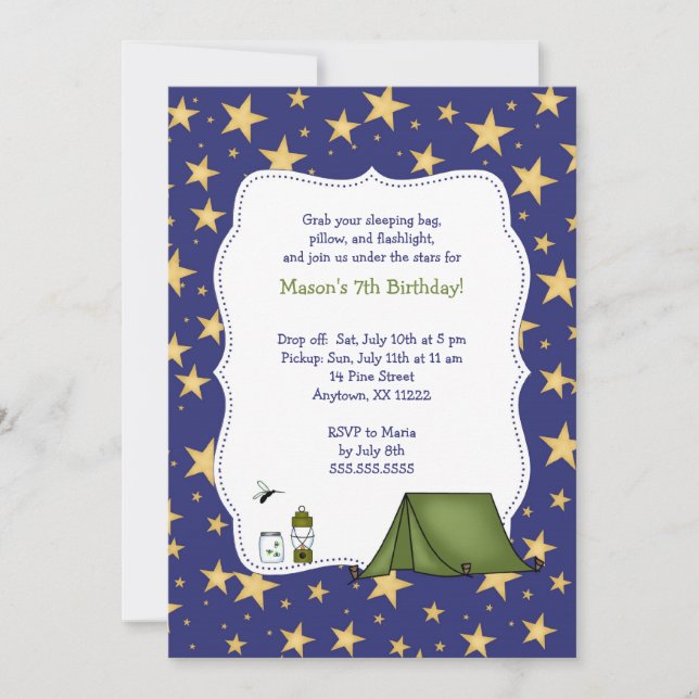 Invitation de fête d'anniversaire de camping (Devant)