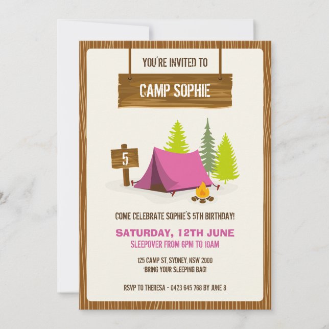 Invitation de fête d'anniversaire de camping - (Devant)