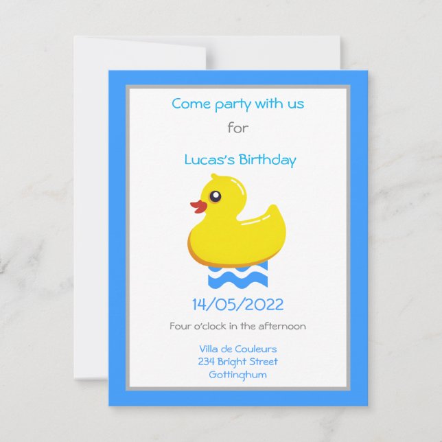 invitation de fête d'anniversaire de canard en cao (Devant)