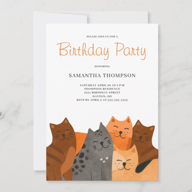 Invitation de fête d'anniversaire de chats mignons (Devant)