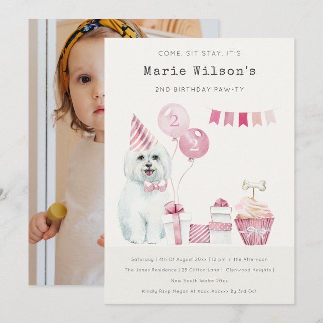 Invitation de fête d'anniversaire de chien rose mi (Devant / Derrière)