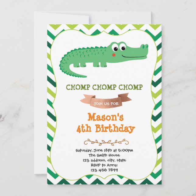 Invitation de fête d'anniversaire de crocodile (Devant)