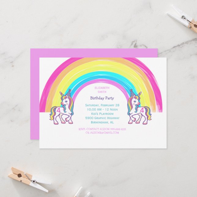 Invitation de fête d'anniversaire de la Unicorn 4 (Devant/Arrière en situation)
