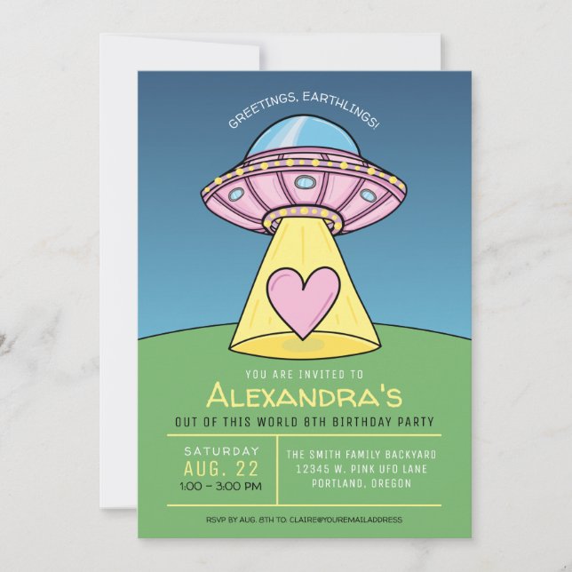Invitation de fête d'anniversaire de l'Alien rose  (Devant)