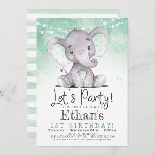 Invitation de fête d'anniversaire de l'éléphant ve (Devant / Derrière)