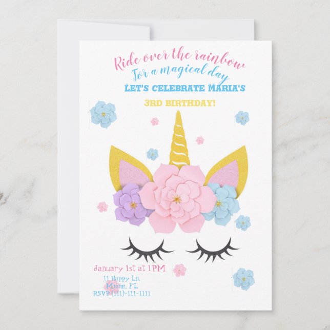 Invitation de fête d'anniversaire de licorne de (Devant)