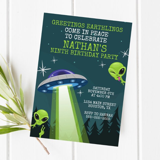Invitation de fête d'anniversaire de l'OVNI Alien (Créateur téléchargé)