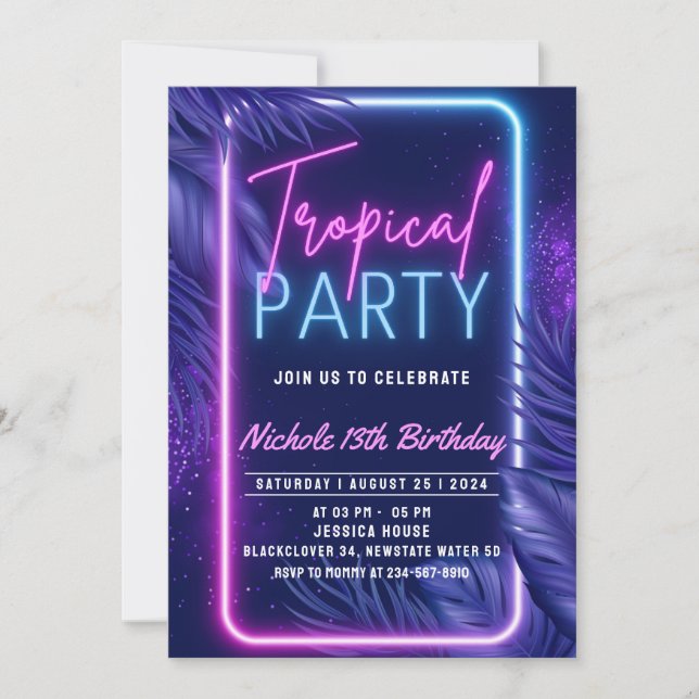 Invitation de fête d'anniversaire de nuit tropical (Devant)