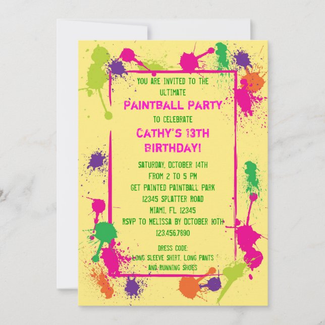 Invitation de fête d'anniversaire de Paintball (Devant)