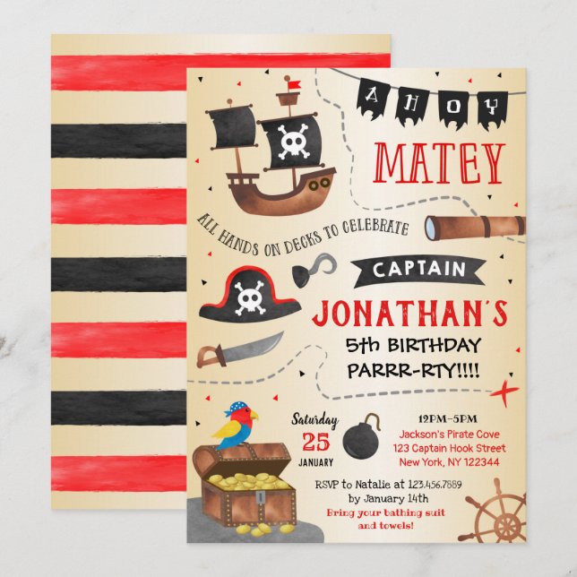  Invitation de fête d'anniversaire de pirate (Devant / Derrière)