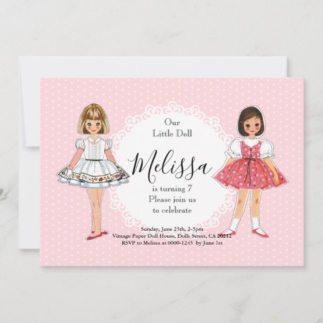 Invitation de fête d'anniversaire de poupées en pa (Devant)