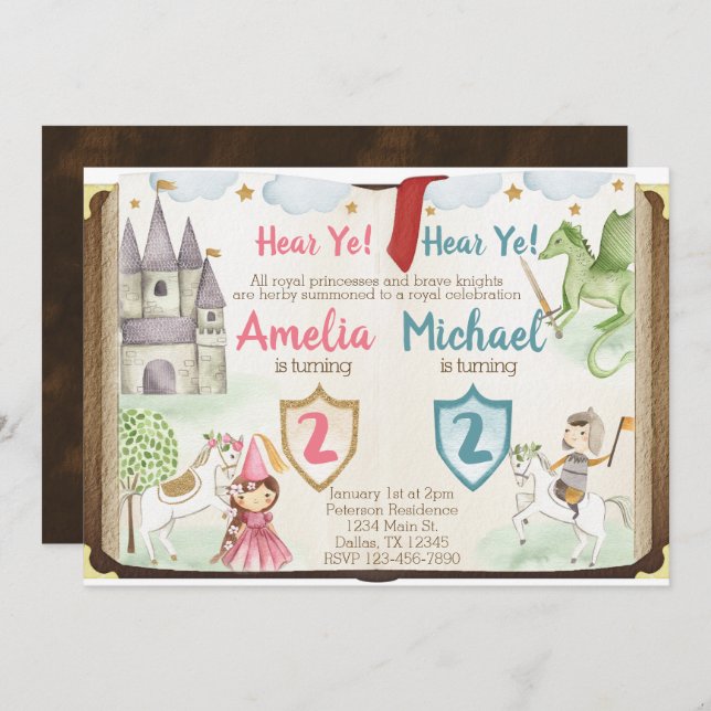 Invitation de fête d'anniversaire de princesse et (Devant / Derrière)