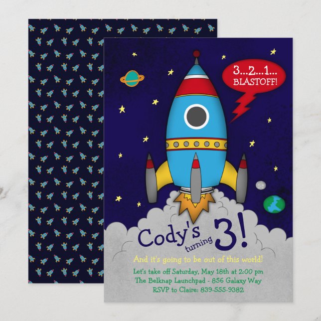 Invitation de fête d'anniversaire de Rocketship (Devant / Derrière)