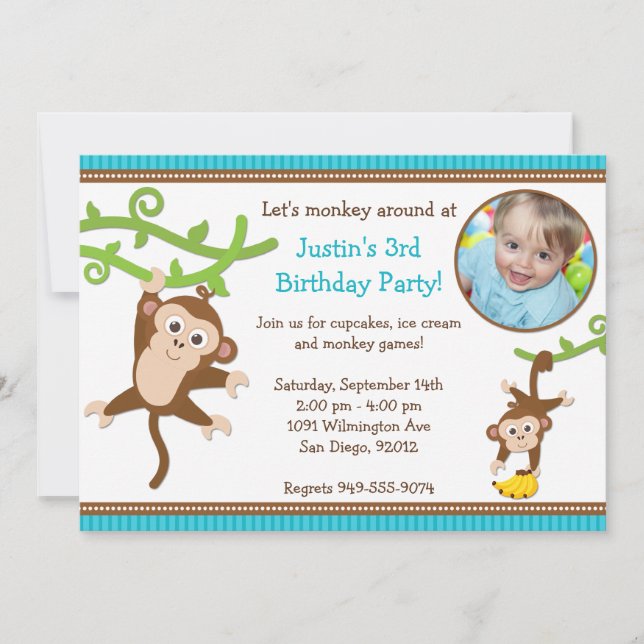 Invitation de fête d'anniversaire de singe (Devant)
