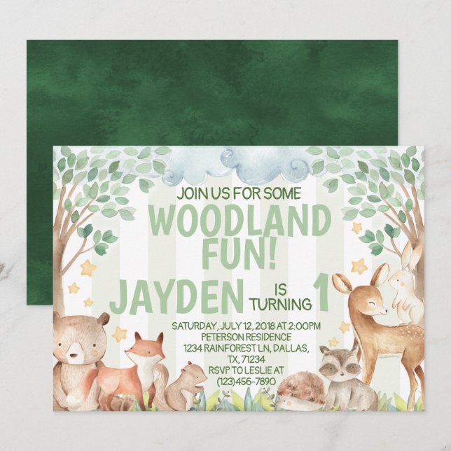 Invitation de fête d'anniversaire de Woodland Anim (Devant / Derrière)