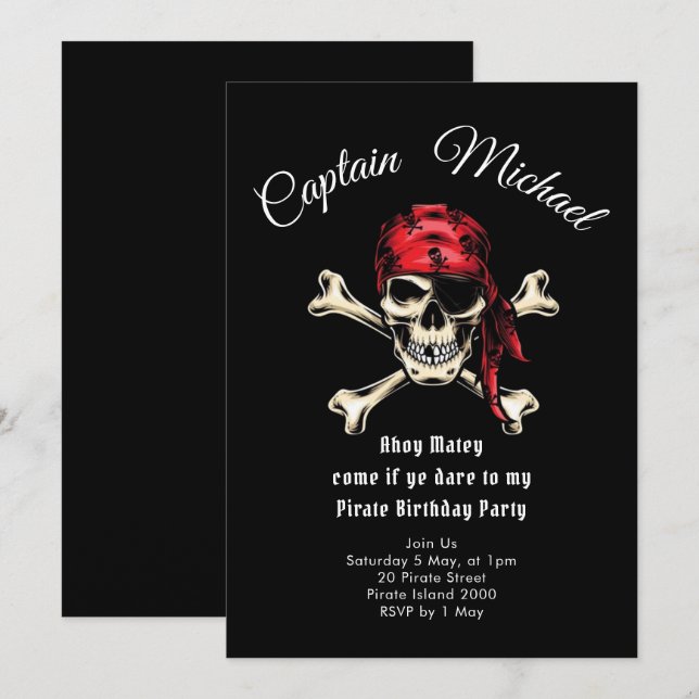 Invitation de fête d'anniversaire du Pirate (Devant / Derrière)