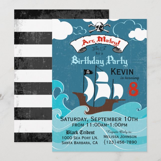 Invitation de fête d'anniversaire du Pirate (Devant / Derrière)