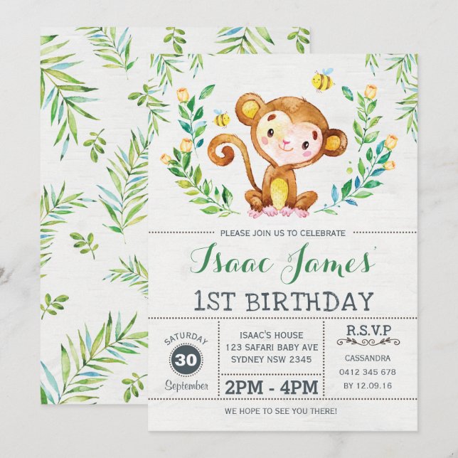 Invitation de fête d'anniversaire du singe de la J (Devant / Derrière)