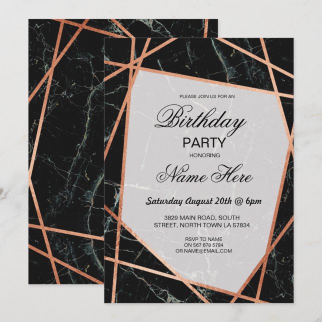 Invitation de fête d'anniversaire Marbre noir Rose (Devant / Derrière)