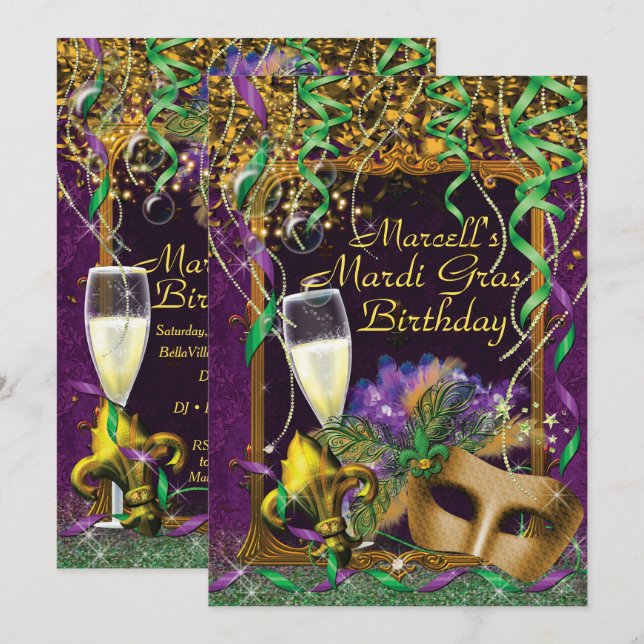 Invitation de fête d'anniversaire Mens Mardi Gras (Devant / Derrière)