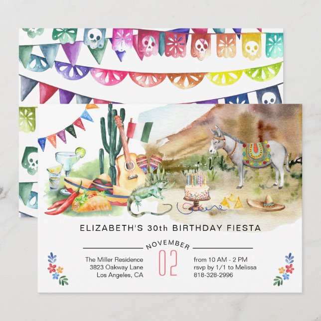 Invitation de fête d'anniversaire mexicaine (Devant / Derrière)