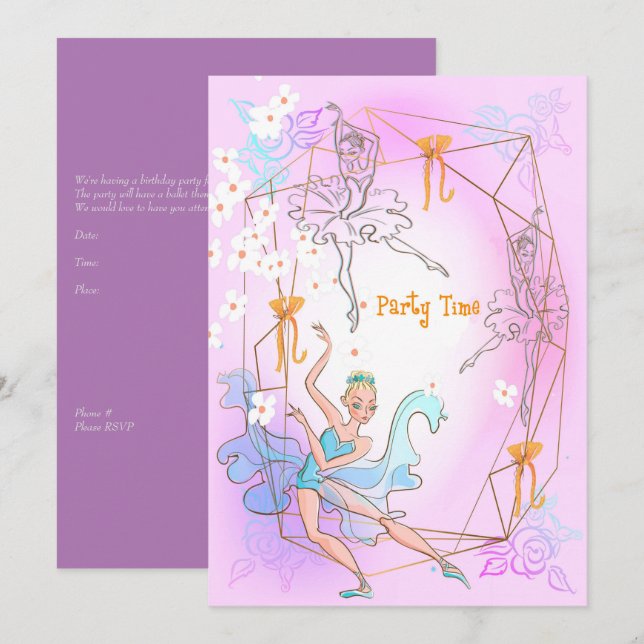 Invitation de fête d'anniversaire pour fille de 5  (Devant / Derrière)