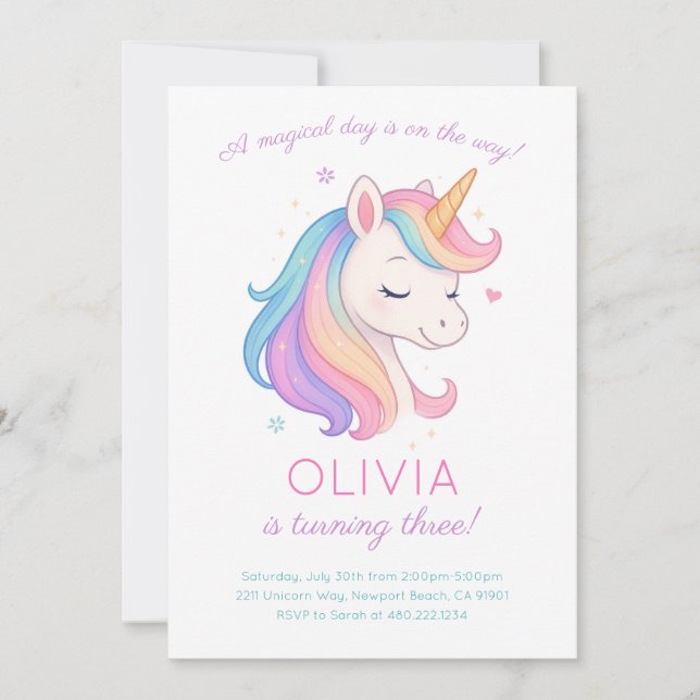 Invitation de fête d'anniversaire Rainbow Unicorn  (Devant)