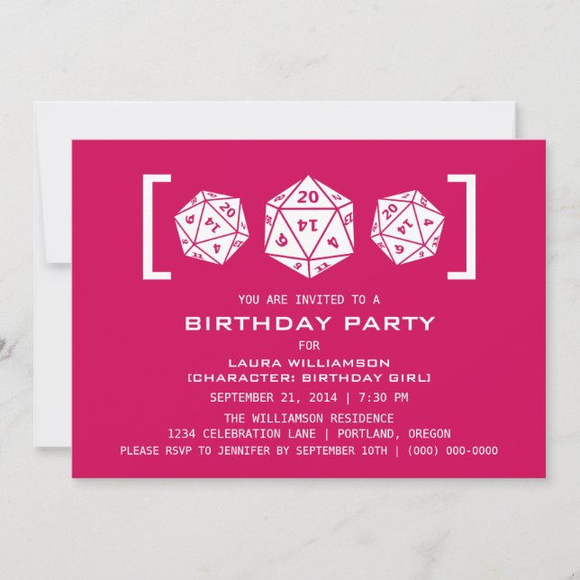 Invitation de fête d'anniversaire rose D20 Dice (Devant)