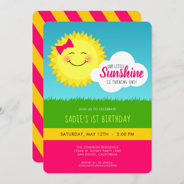 Invitation de fête d'anniversaire rose et jaune so (Devant / Derrière)