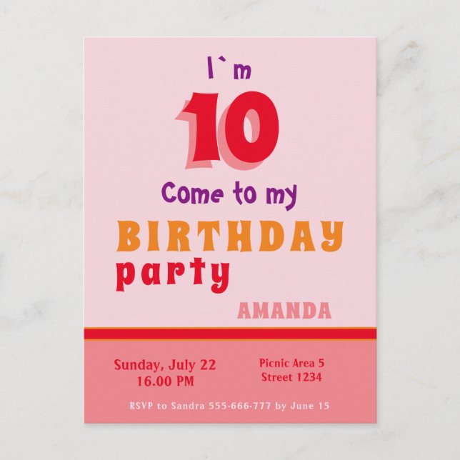 Invitation de fête d'anniversaire rose rouge orang (Devant)