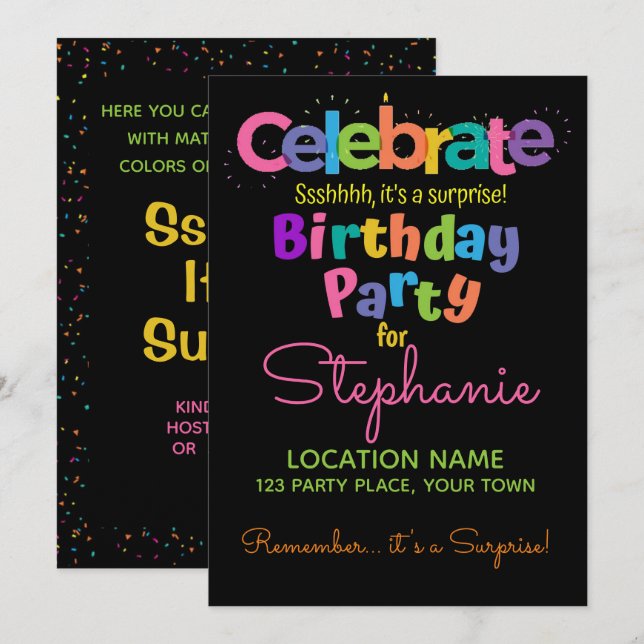 Invitation de fête d'anniversaire surprise (Devant / Derrière)