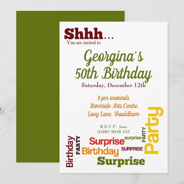Invitation de fête d'anniversaire surprise moderne (Devant / Derrière)