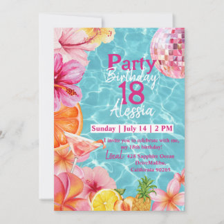 Invitation de fête d'anniversaire Tropical Pink Ma