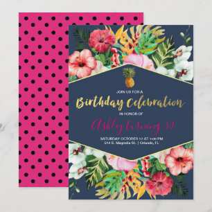 Invitation de fête d'anniversaire tropicale rose e