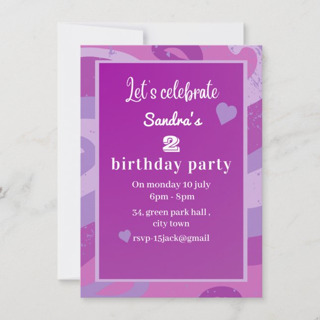 invitation de fête d'anniversaire violette (Devant)