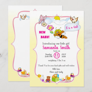 Invitation de fête de bébé Fille Florale Douce com