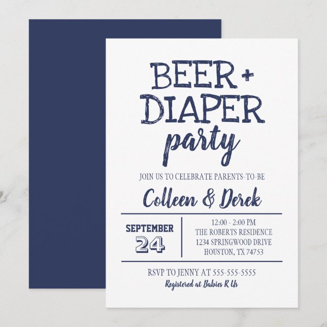 Invitation de fête de bière et de couche | Marine  (Devant / Derrière)