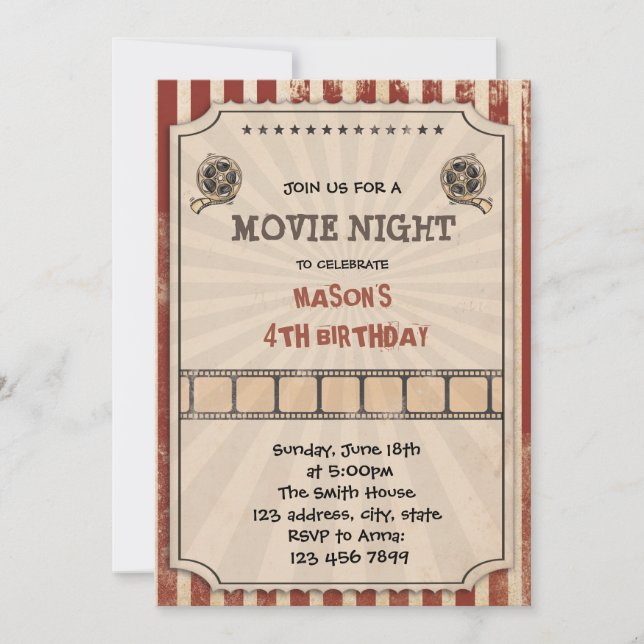 Invitation de fête de billet de cinéma vintage (Devant)