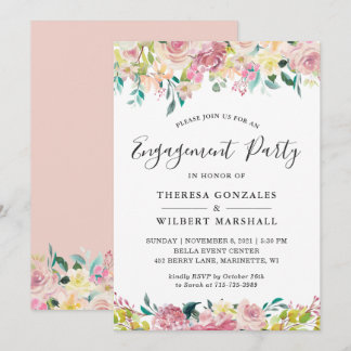 Invitation de fête de fiançailles florale rose pas
