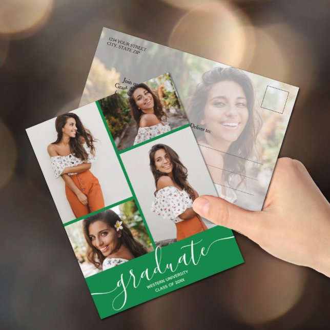 Invitation de fête de fin d'études verte avec plus (Graduation photo party invitation postcards)