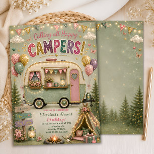 Invitation de fête de glamping vert sauge pour fil