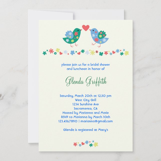 Invitation de Fête de la mariée de deux oiseaux (Devant)