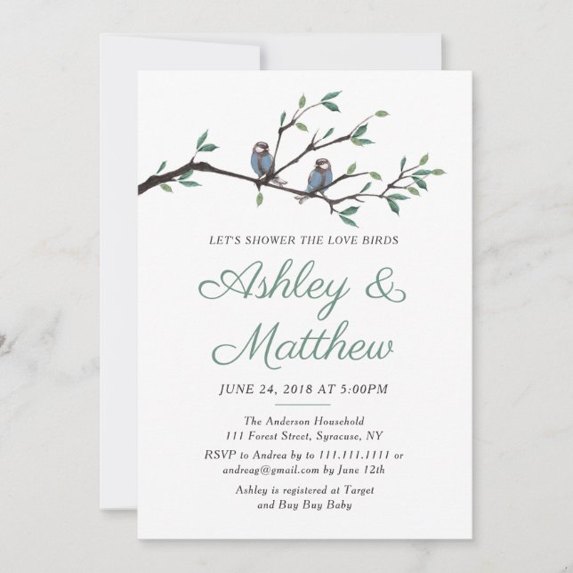 Invitation de Fête de la mariée d'inséparables (Devant)