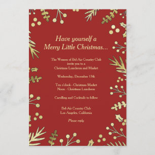 Invitation de fête de Noël au houx rouge et or